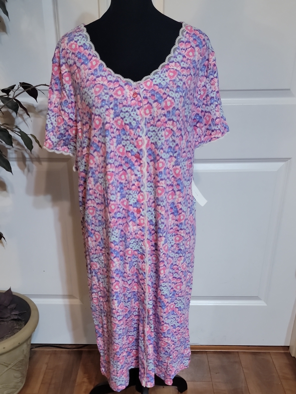 (#7) Floral Pink Lace-Trim Chemise Nightgown